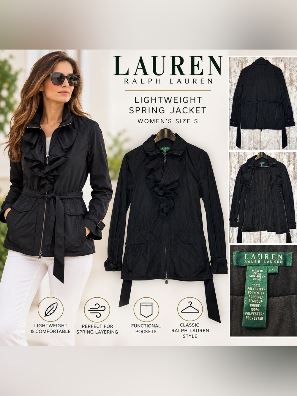 Lauren Ralph Lauren Women’s Black Lightweight Ruffle Jacket Size S
